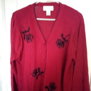 Graver Studio Button Up Red Embroidered Cardigan Sweater Size L
